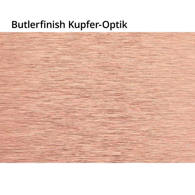 Nahaufnahme einer Metallplatte in Butlerfinish Kupfer-Optik mit feiner, gebürsteter Struktur