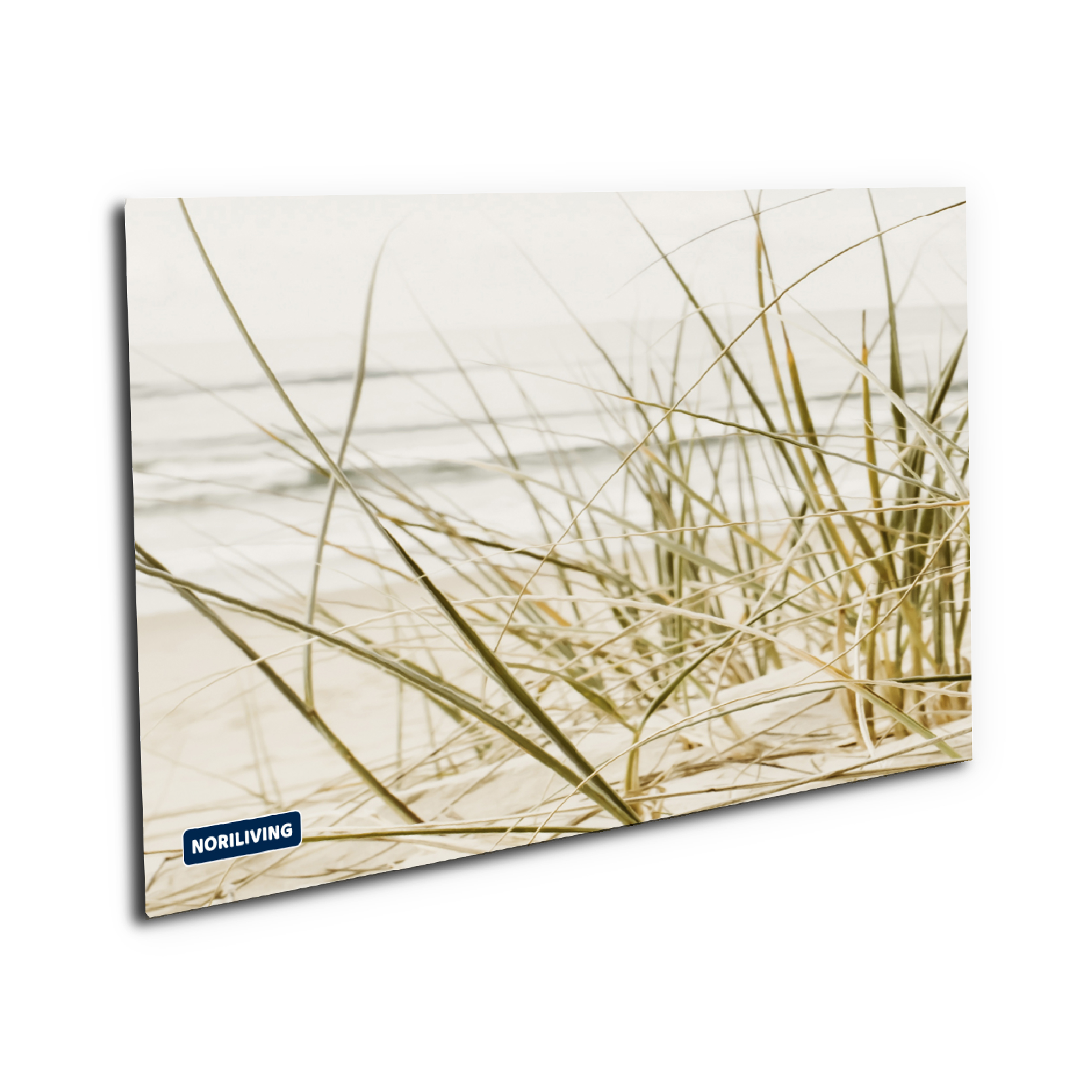 Nahaufnahme eines Strandes mit Dünengras und Meer im Hintergrund, entspannende Wanddekoration