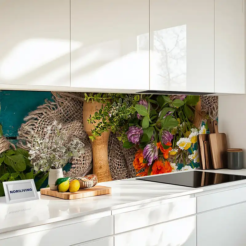 Küchenrückwand Echtglasoptik Profiline Bunte Kräuter und Blumen auf Holzbrett 321