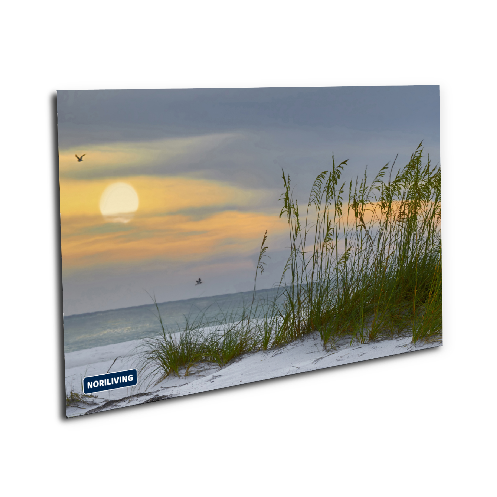 Strandlandschaft mit Sonnenuntergang, Meer, Vögeln und Gräsern im Vordergrund auf Leinwand