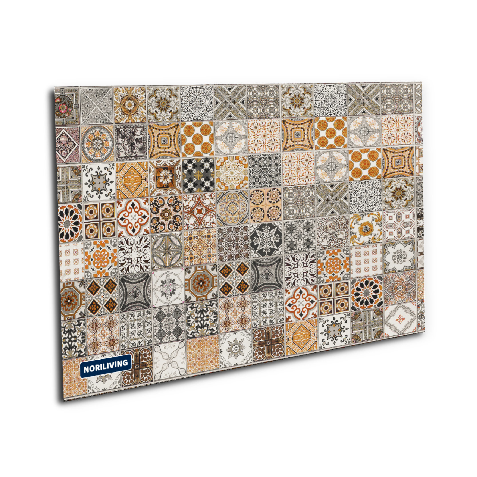 Wandtafel mit verschiedenen Vintage-Fliesenmustern in Orange, Grau und Weiß, von Nori Living