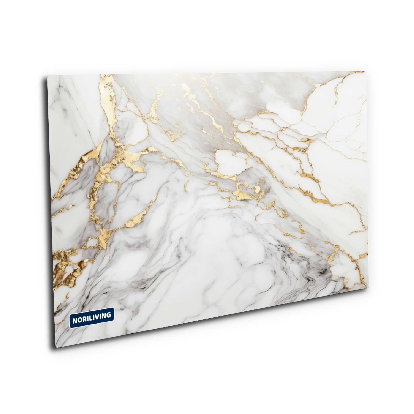 Wandbild in Marmoroptik mit goldenen Details auf weißem Hintergrund