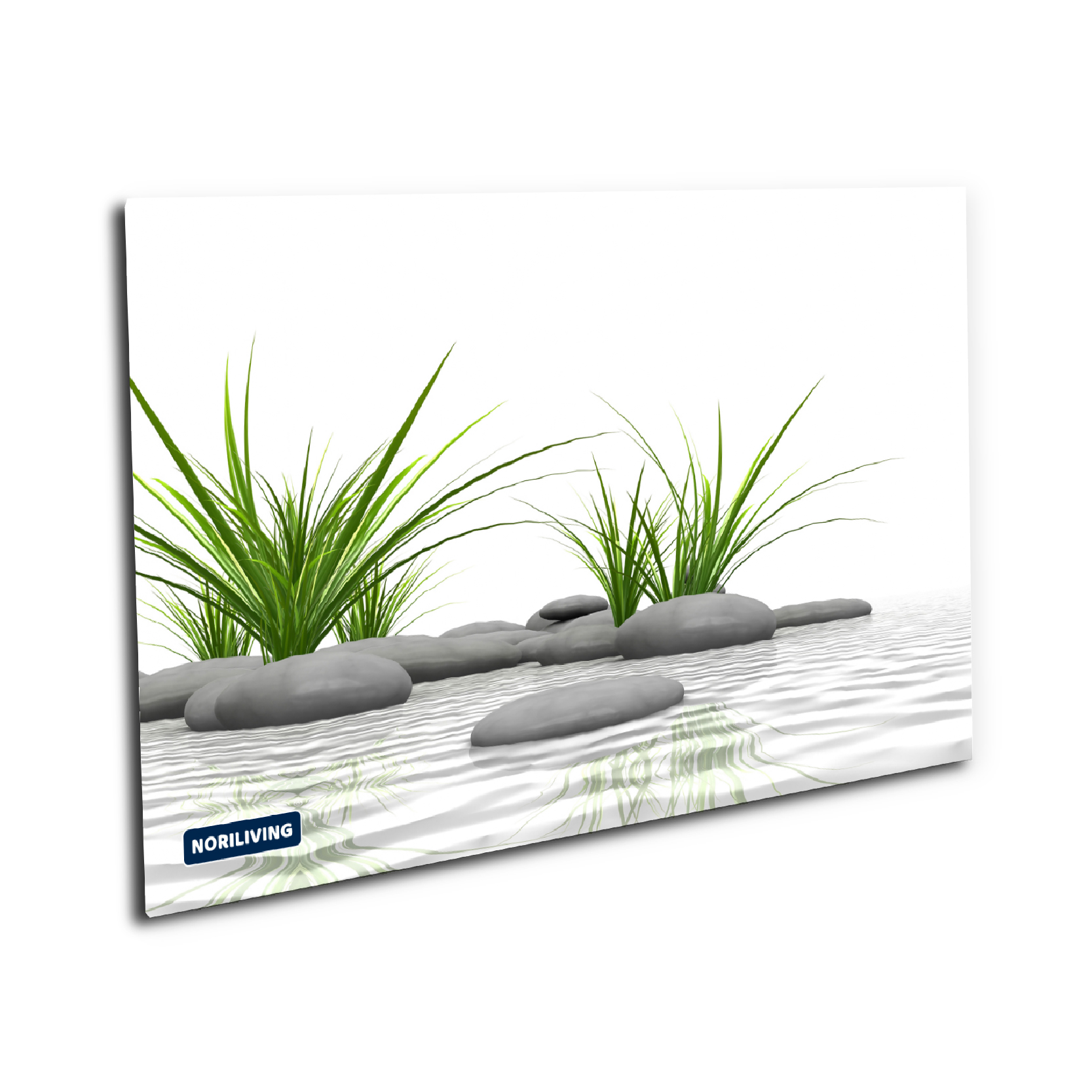 Leinwandbild mit minimalistischen Steinen und grünen Gräsern auf Wasseroberfläche
