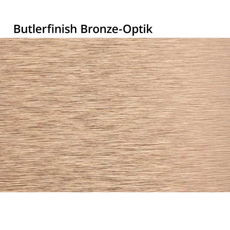 Nahaufnahme einer Metalloberfläche in gebürsteter Bronze-Optik mit Butlerfinish