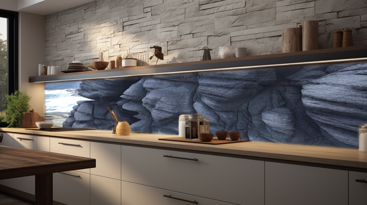 Küche mit hellen Schränken, Holzakzenten und einer Rückwand, die ein Felsmotiv zeigt