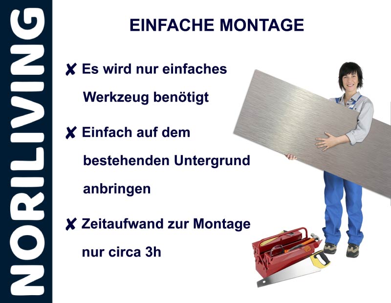 Person mit Holzplatte und Werkzeugkasten, daneben Text zur einfachen Montage mit Hinweisen zu Werkzeug und Zeitaufwand.