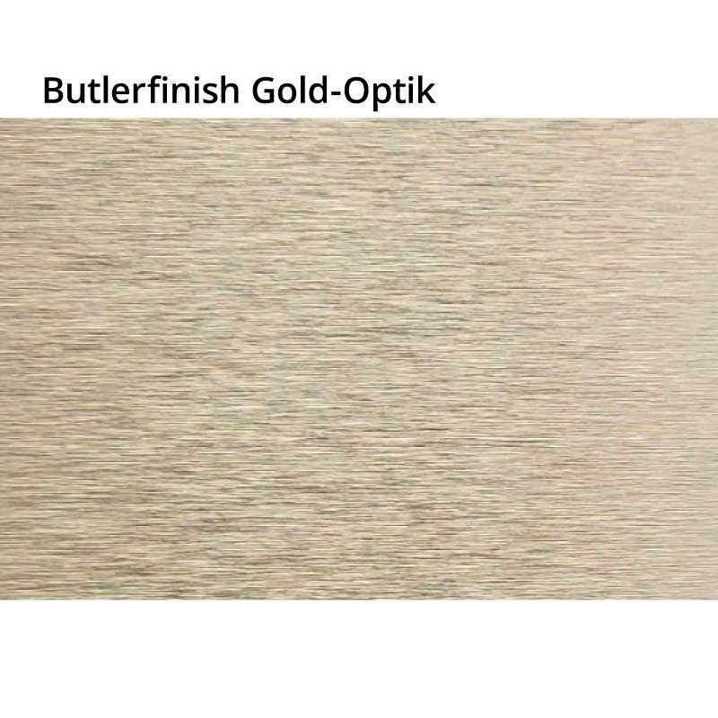 Nahaufnahme einer Oberfläche mit Butlerfinish in Gold-Optik, die eine gebürstete Textur zeigt.