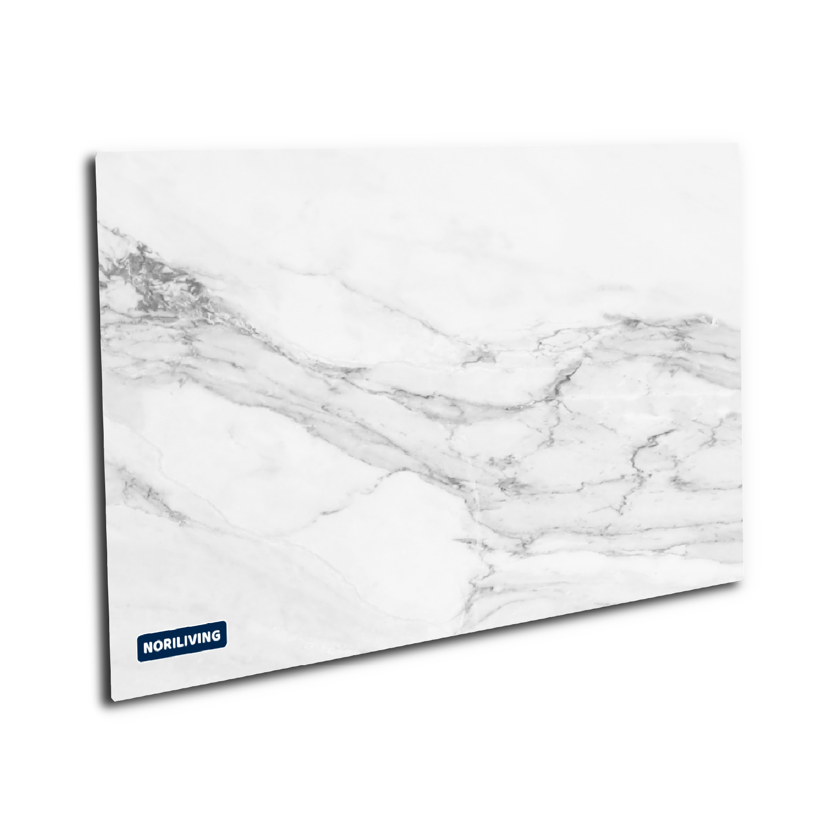 Dekorative Küchenrückwand mit weiß-grauer Marmoroptik und NORILIVING-Logo in der Ecke